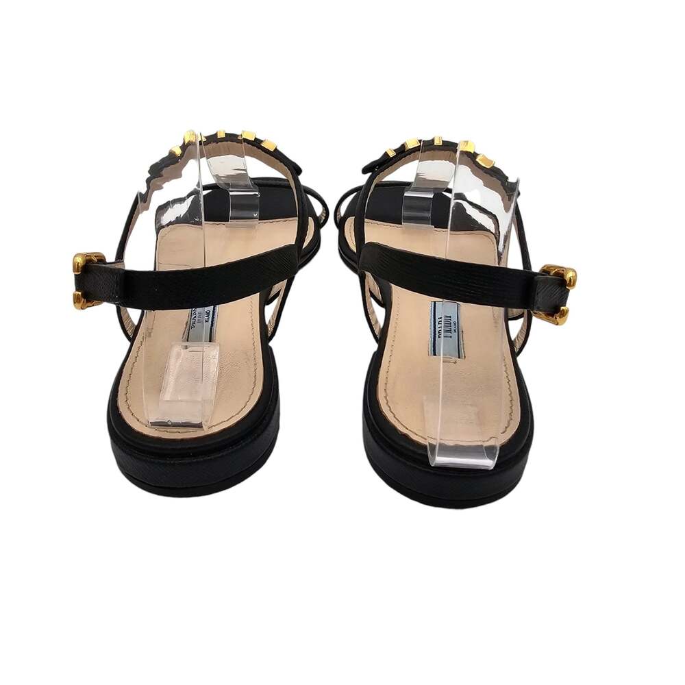 Prada Logo Black Leather Flat Ankle Strap Sandal Gold Buckle Size 36.5 6.5 - Picture 4 of 11